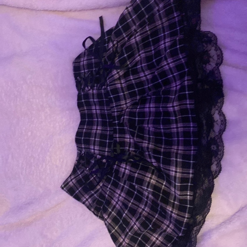 Black white and purple laces tied checkered skirt